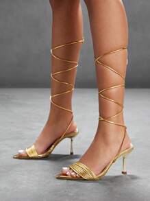 CUCCOO SZL Giày cao gót mũi nhọn màu vàng thời trang gợi cảm đính đá Rhinestones Strappy dành cho nữ - Vàng - Xem 5