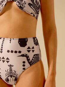 CAJUNI Women's Boho Black And Apricot Tropical Print Holiday Casual Beach Swimming Halter Strap Swimwear Top And Bottom Bikini Two-Piece Set For Summer Beach Vacation