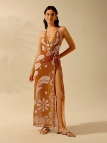 CAJUNI Women's Bohemian Tropical Orange Print Vacation Casual Summer Beach Swimsuit Halter Backless One-Piece - Orange - View 7