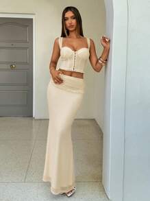 Aloruh 女士性感褶饰短款吊带背心，鱼尾下摆，低腰网眼浅黄色裙子套装，女士夏季服装两件套，女士度假服装女士两件套，女士套装 - 黃色 - 查看 6