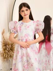 SHEIN Tween Girls Cute Round Neck Puff Sleeve Cinch Waist Floral Print Mid-Length Dress