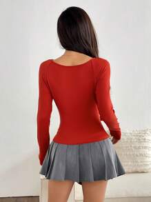 SHEIN EZwear Damen einfarbiges, lässiges T-Shirt mit verdrehtem Kragen, Langarm, figure-betont