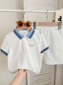 SHEIN Leap Crew 2pcs Young Boys Casual Set: Classic Embroidered Pattern Polo Shirt With Collar & Sports Shorts - Baby Blue - View 1