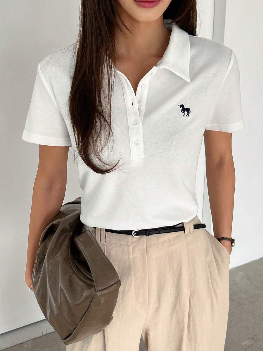 DAZY Women's Polo Collar Front Button Embroidery Slim Fit Short Sleeve T-Shirt Summer - White - View 1