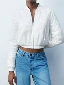 Maija Women's Sequin Padded White Flight Jacket, Autumn Winter New Year,Festival - White - View 7