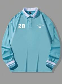 Manfinity Campus Court Aesthetic Post--Loose Fit Men's Letter Graphic Striped Trim Polo Shirt - Baby Blue - View 1