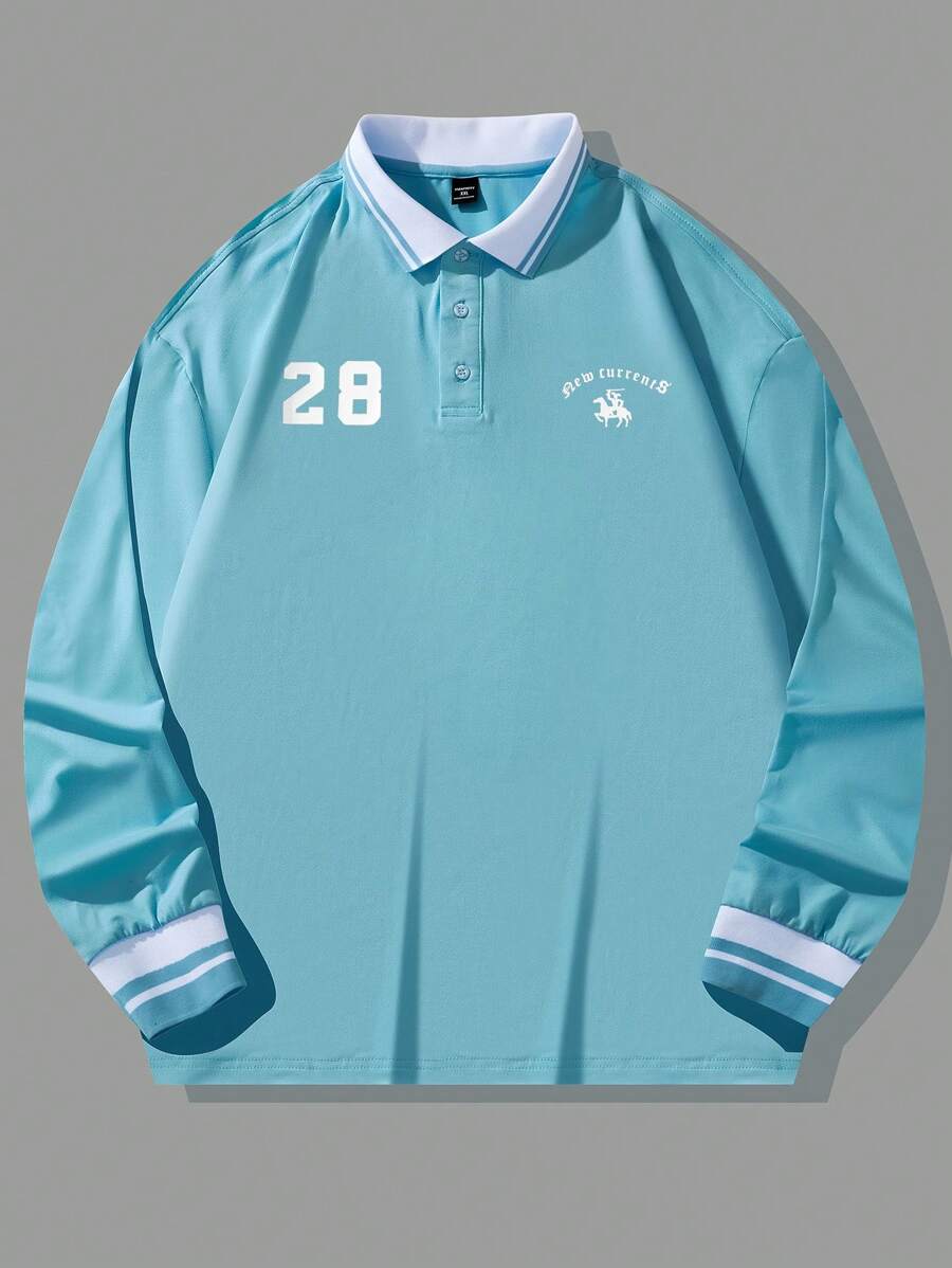 Manfinity Campus Court Aesthetic Post--Loose Fit Men's Letter Graphic Striped Trim Polo Shirt - Baby Blue - View 1