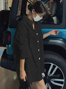 DAZY Camisa suelta de unicolor con solapa para mujer, blusa regular para primavera, verano y otoño