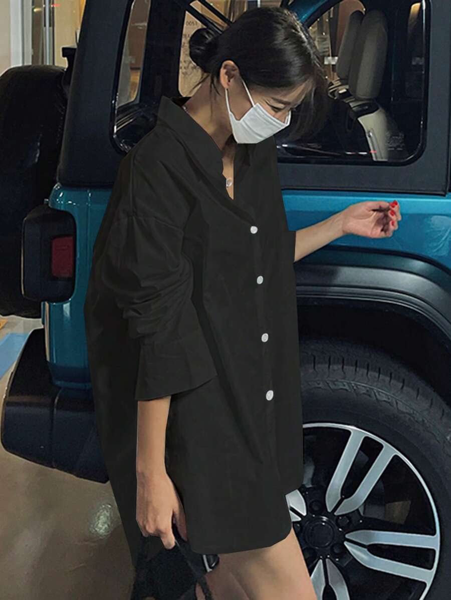 DAZY Camisa suelta de unicolor con solapa para mujer, blusa regular para primavera, verano y otoño