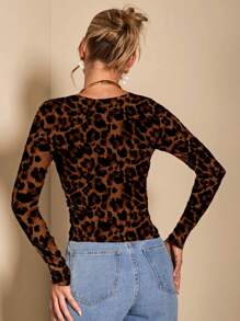 SHEIN BAE Women's Vintage Leopard Print Ruched Long Sleeve T-Shirt, Suitable For Summer