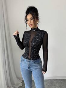 Elenzga Áo thun dài tay họa tiết sequin dành cho nữ, thời trang đơn giản, thường ngày - màu đen - Xem 6