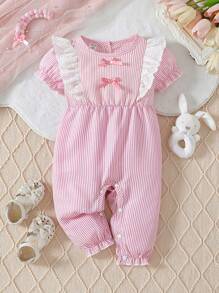 SHEIN Infant Girls' Minimalist Striped Cute Bow One-Piece Jumpsuit - Pink - View 1