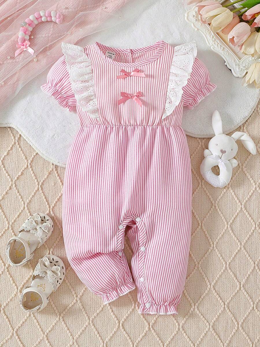 SHEIN Infant Girls' Minimalist Striped Cute Bow One-Piece Jumpsuit - Pink - View 1