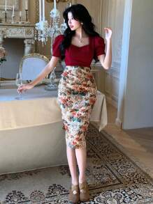 DAZY 女士优雅撞色拼接泡泡袖V领中长连衣裙，夏季碎花舞会礼服，返校季复活节服装 - 紅色 - 查看 3