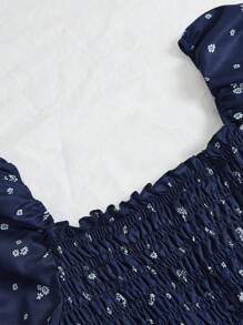 SHEIN Unity Navy Blue Base Tiny Ditsy Floral Lantern Sleeve Layered Ruffle Trim Mini Dress For Women - Navy Blue - View 4