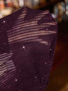 SHEIN Clasi 女士优雅性感闪亮金银线网眼上衣长袖女士网眼上衣长袖 - 中紫紅色 - 查看 7