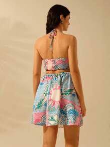 CAJUNI Women's Vacation Bohemian Tropical Flowers, Parrots, Coconut Trees, Green Versus Pink Print Halter Cut Casual Beach Summer Dress