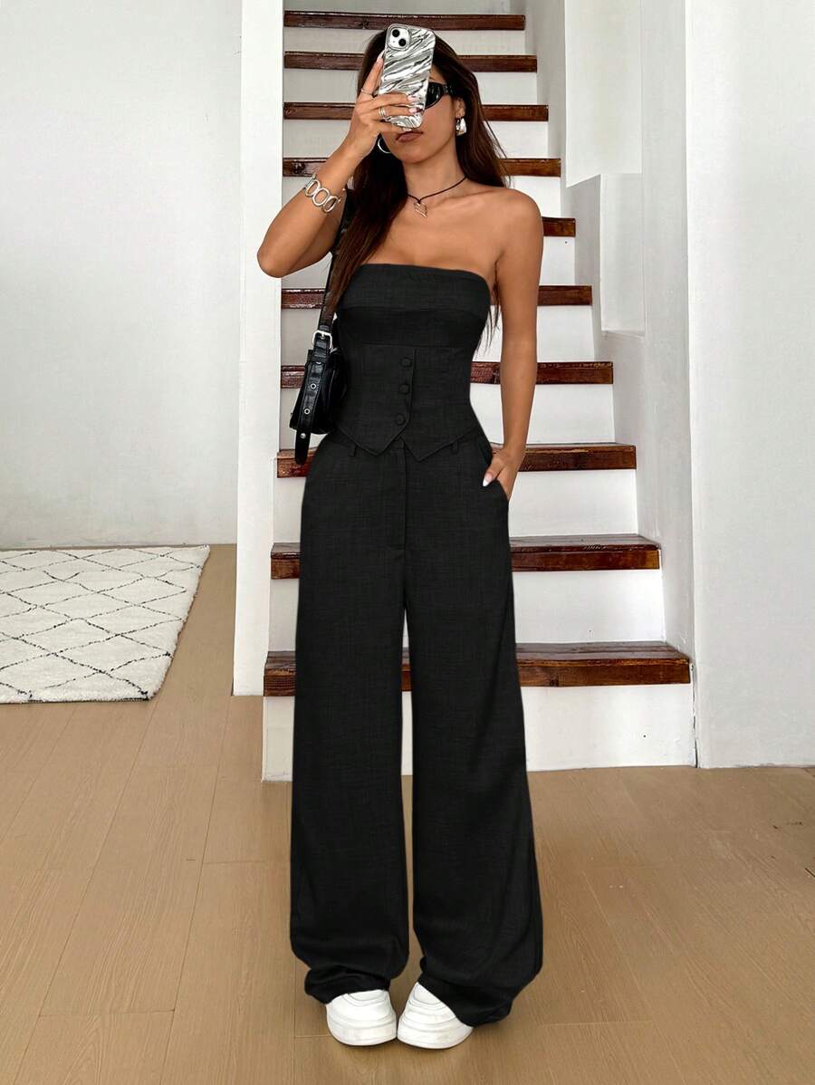 SHEIN EZwear Bộ 2 áo liền quần màu trơn cho nữ và quần ống rộng có túi, thường ngày - màu đen - Xem 1