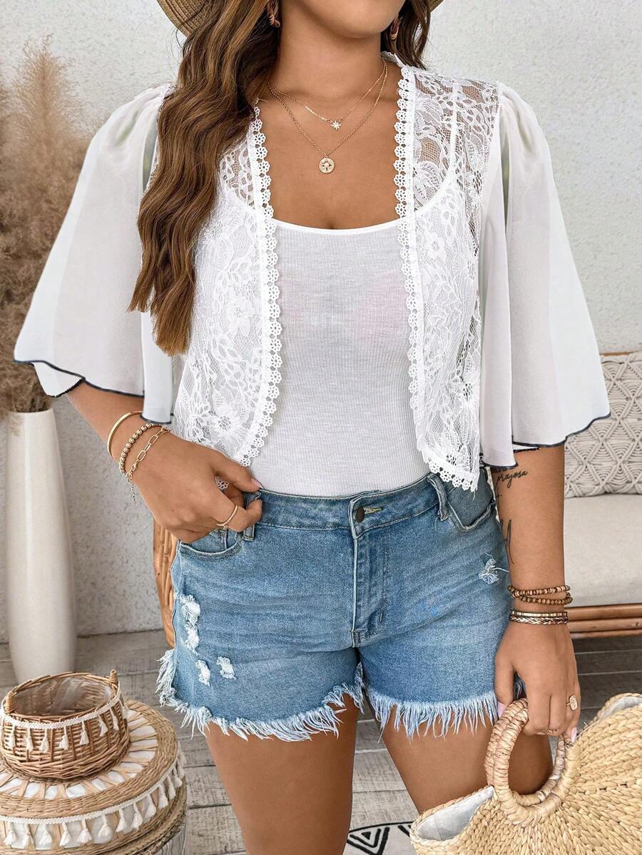 SHEIN Clasi Plus Size Women's Plain Weave Lace Ruffle Sleeve Short Elegant Casual Spring Summer Jacket - White - View 1