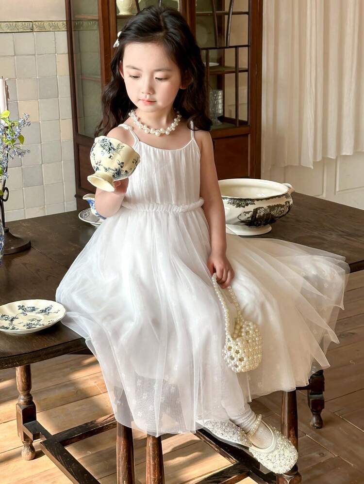 Young Girl Sleeveless Fashionable Mesh Puff Princess Dress, Young Girl Fall Clothes
