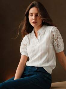 Anewsta 优雅现代仿珍珠水钻装饰 Polo 领拼布 3D 花卉袖镂空女式针织上衣 T 恤衬衫，情人节、暑假、新年