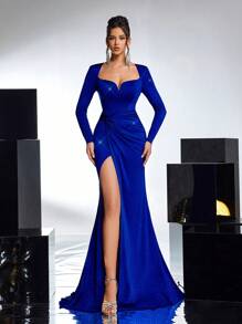 Glamrae Elegante y hermoso vestido de cóctel con cuello cuadrado, manga larga, bajo de cola de sirena en terciopelo azul zafiro, adecuado para cenas, fiestas de soltero, citas, cumpleaños, bailes, eventos de boda, vestidos de fiesta, vestidos de invitada de boda, vestidos formales - azul real - Ver 5