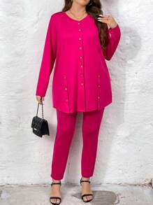 SHEIN LUNE 2 件套大码纯色前扣长袖休闲上衣和长裤套装 - 玫紅色 - 查看 5