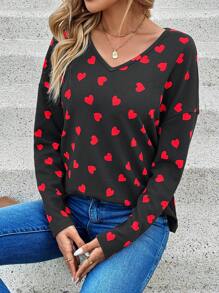 EMERY ROSE Valentine's Day Spring Solid V Neck Drop Shoulder Waffle Knit Tee