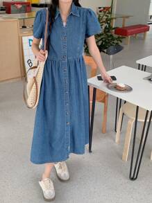 DAZY Đầm denim dài thường ngày xếp nếp tay ngắn cài nút phía trước cho nữ mùa hè - Màu xanh lam - Xem 1