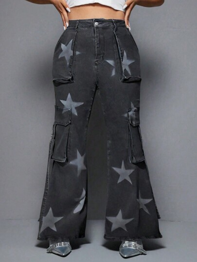 Grunge Punk Damen Stretch Flair Jeans in Große Größen mit Sternenmuster und Dekorationstaschen