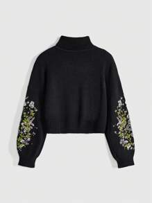 ROMWE Goth Plus Size Nature-Inspired Embroidery Butterfly, Plant, Snake Flower High Neck Pullover Sweater With Lantern Sleeves, Plus Size - Black - View 2