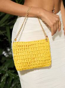 SHEIN SXY Ladies, Women Top Handle Bags, Straw Bag, Fashionable, Elegant, Simple, Personalized, Versatile, Yellow, For Beach, Vacation, Holiday, Summer, Seaside