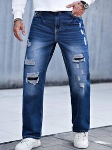Manfinity Homme Pantalones vaqueros casuales rasgados con bolsillo simples para hombre