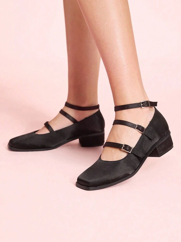 CUCCOO DOLLMOD Women's Square Toe Chunky Heel Hollow Strap Mary Jane High Heel Pumps, Black