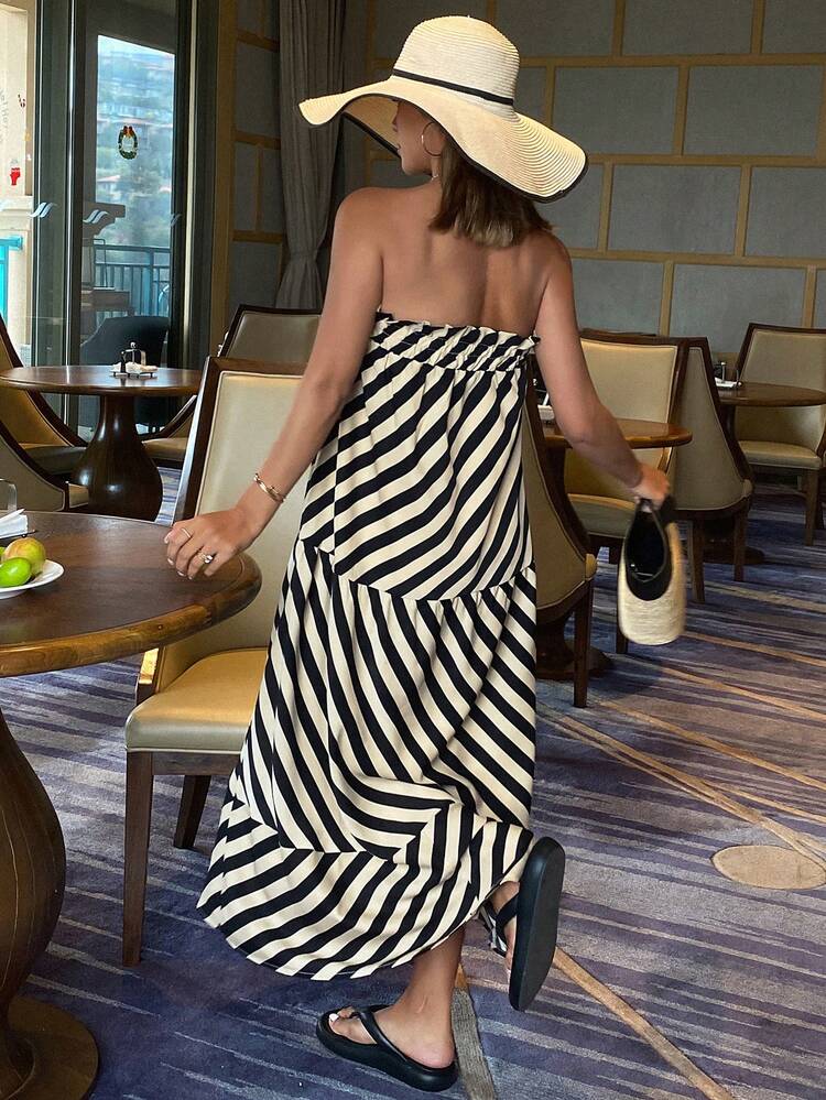 Striped Contrast Patchwork Sleeveless Midi Dress For Women,Casual Women Dresses Off Shoulder Top