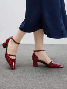CUCCOO BIZCHIC 女士时尚亮面酒红色漆皮系带尖头中跟高跟鞋，适合工作、约会、聚会、节日、婚礼 - 酒紅色 - 查看 4