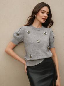 Anewsta Women's Elegant Modern Embellished Colorful Rhinestone Puff Sleeve Solid Color Knit Sweater Top, Suitable For Valentine's Day, New Year's - Grey - View 4