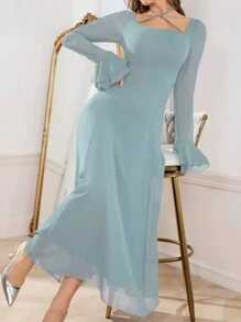 Modelyn 1 bucată rochie de damă elegantă, de precizie, la modă, cu mâneci evazate, cu gât pătrat, albastru bleumarin, ținută maxi pentru femei