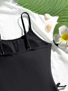 Tween Girls One-Piece Swimsuit With Mesh Skirt, 2pcs Casual Printed Swimwear Set - Black - View 7