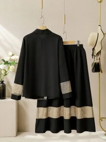 Lacomfia 大码简约时尚 3D 花朵装饰撞色长袖上衣和裙子 2 件套