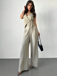Firerie Bộ vest vải lanh trơn màu mới cho lễ hội, quần ống rộng xếp ly cạp cao và áo vest liền thân màu trơn, trang phục đi làm đơn giản, thanh lịch, trang phục xuân/hè kín đáo, tốt nghiệp, trang phục giáo viên cho nữ, trở lại trường vào mùa thu/đông - Màu be - Xem 4