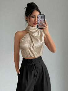 Firerie 女士金色优雅通勤领衬衫，不对称无袖上衣，适合春季、夏季、秋季，适合日常、通勤、派对、返校、婚礼季节、表演服装 - 金色 - 查看 3