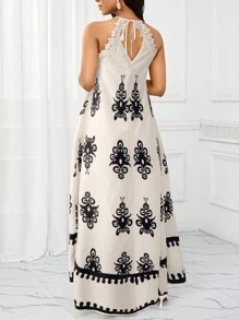 SHEIN Lady 女士优雅印花蕾丝边长款露背连衣裙 - 白色 - 查看 2