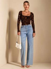 SHEIN BAE Women's Vintage Leopard Print Ruched Long Sleeve T-Shirt, Suitable For Summer