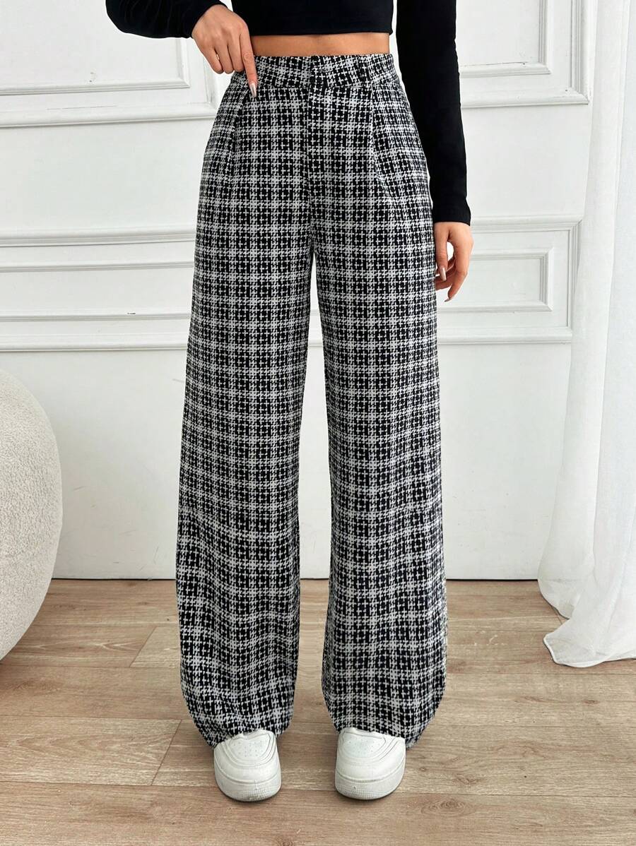 EURMUSE Women Check Pattern High Waist Straight Pants - Grey - View 1