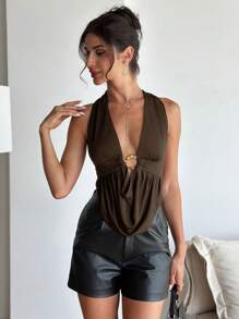 Aloruh 女士深垂领无袖褶饰金属装饰优雅性感吊带背心