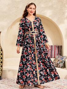 SHEIN Teen Girls' Woven Rose Print Floral Trim V-Neck Long Sleeve Dress, Suitable For Vacation, Spring/Summer, Ramadan, National Day, Eid Al-Fitr, Eid Al-Adha - Multicolor - View 4