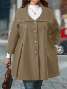 SHEIN LUNE Plus Size Plain Woven Black Loose Metal Button Mock Neck Fashion Woolen Coat