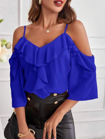 SHEIN Clasi Ladies Solid Color Off Shoulder Ruffle Trim Spring Shirt