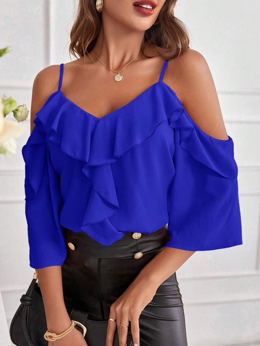 SHEIN Clasi Ladies Solid Color Off Shoulder Ruffle Trim Spring Shirt - Royal Blue - View 1